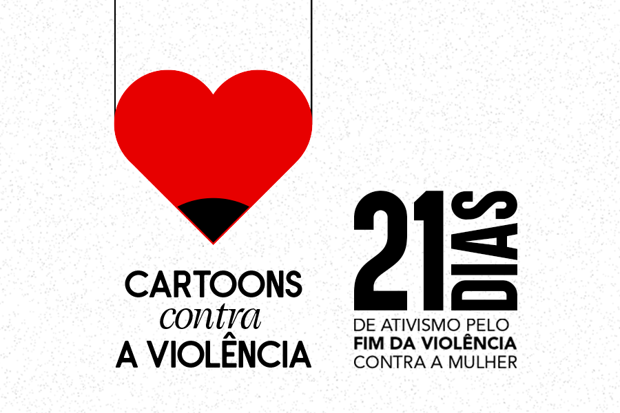 Imagem com fundo branco e letras na cor preta com coração centralizado na cor vermelha. A imagem traz informações sobre Cartoons contra violência.