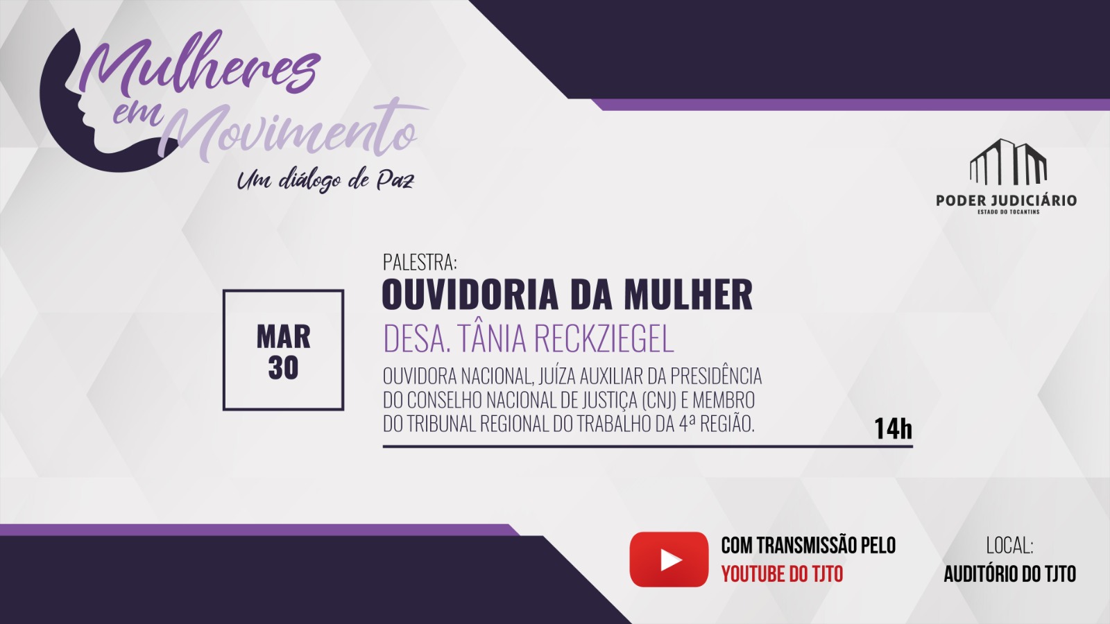 Card informativo nas cores lilás e branco com informações do evento