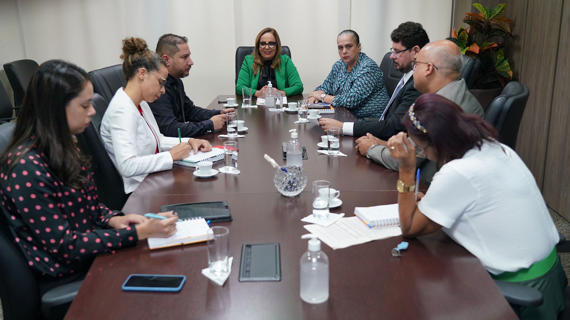Imagem mostra oito pessoas sentadas em uma mesa durante reunião do Nugepac