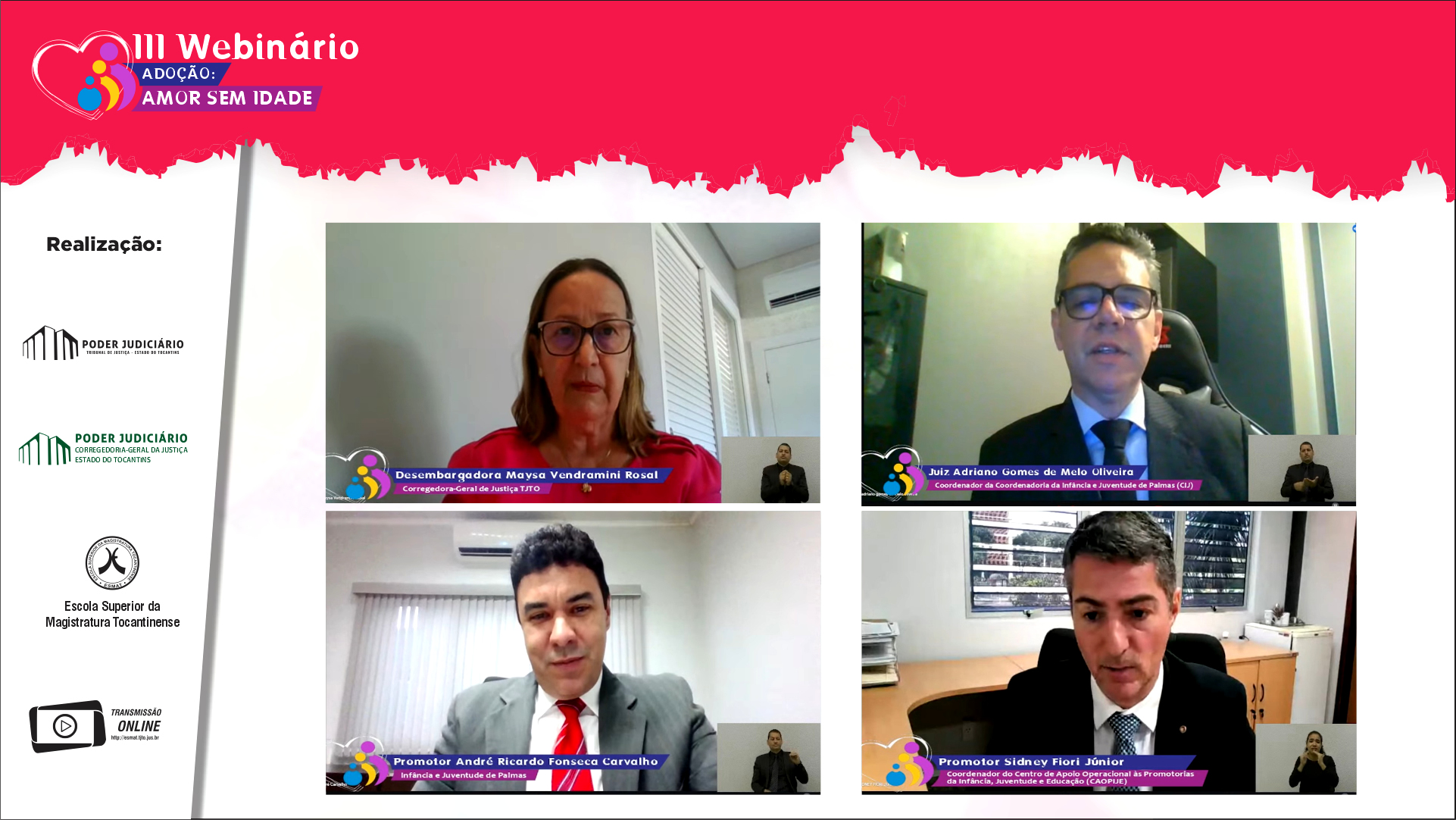 Print da tela do Webnário com palestrantes reunidos, entre eles, a desembargadora Maysa Vendramini