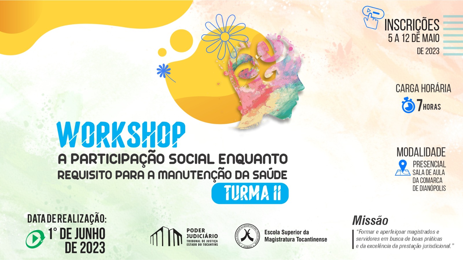 Arte divulgação com informação sobre o workshop, nas cores branca, preta, amarela, azul, rosa e verde.