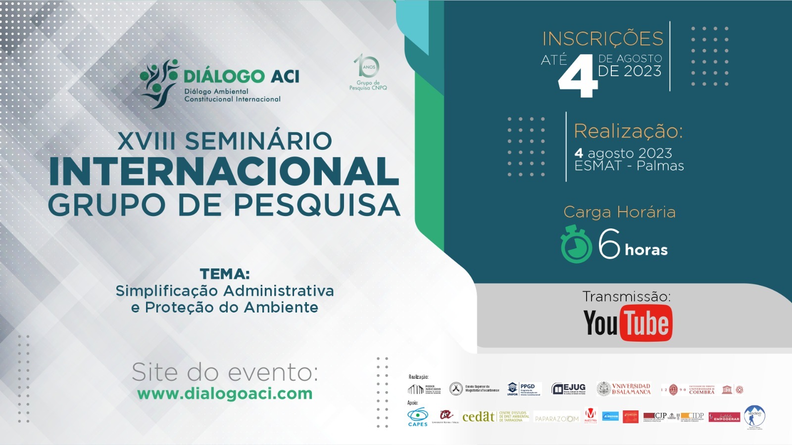 Arte em cor cinza e verde traz informações sobre o Seminário Internacional Grupo de Pesquisa