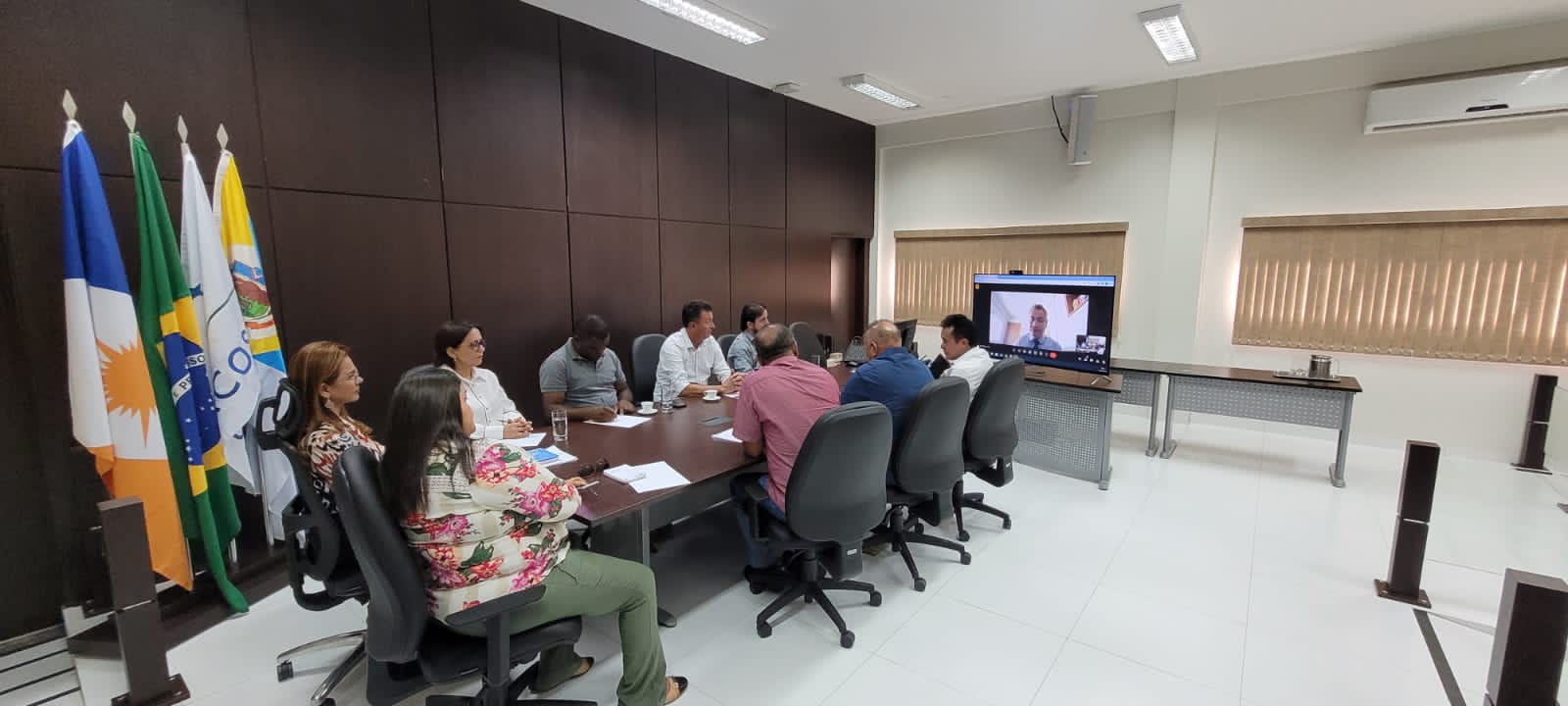 Homens e mulheres sentados à mesa durante reunião com membro participante por vídeo. Ao lado, encostado na parede de fundo amadeirado, mastros com bandeiras