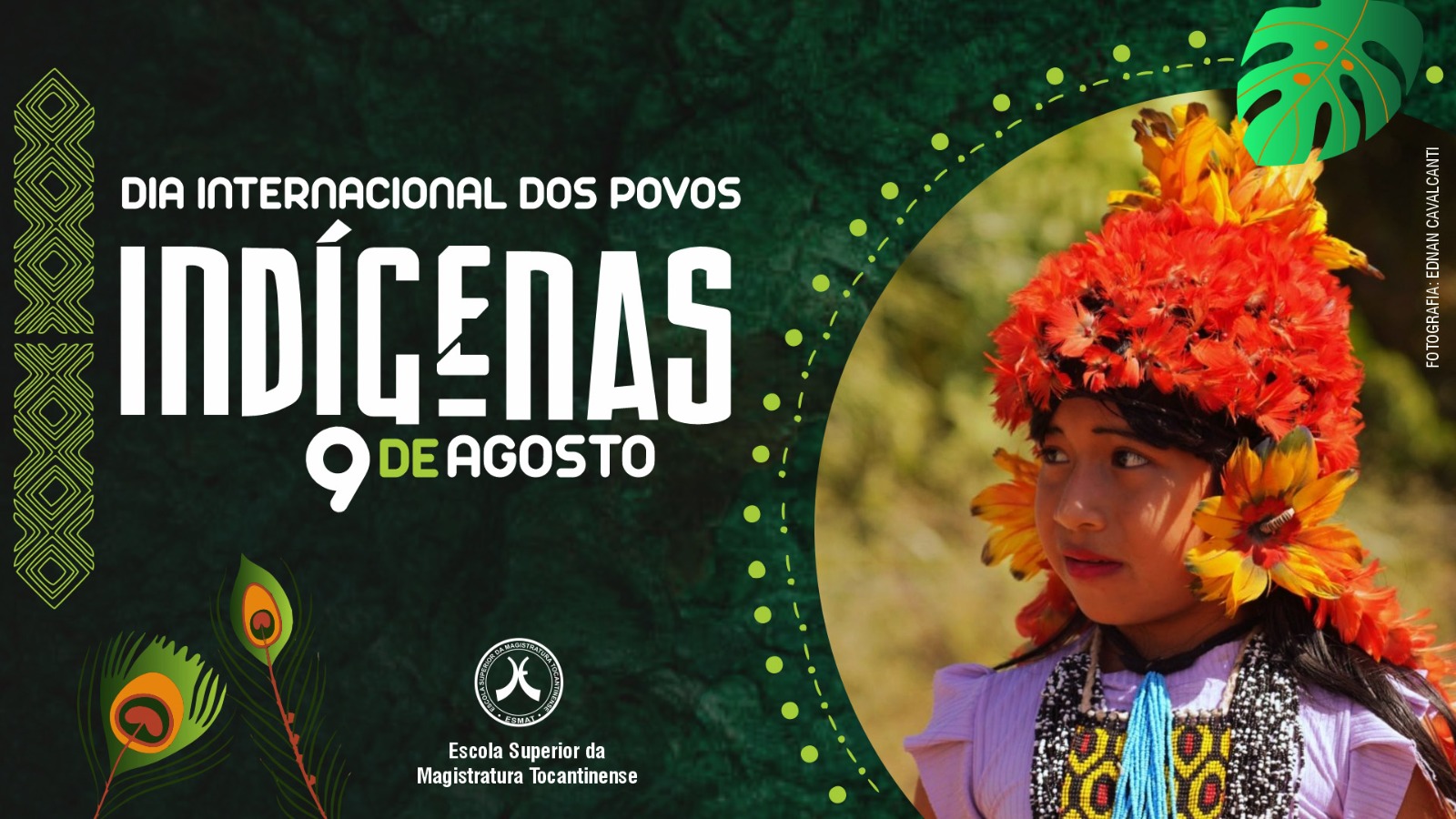 card com os dizeres "Dia Mundial dos Povos indígenas, 9 de agosto" com imagem de uma indígena localizada a esquerda do card e o símbolo da Esmat centralizado mais abaixo.