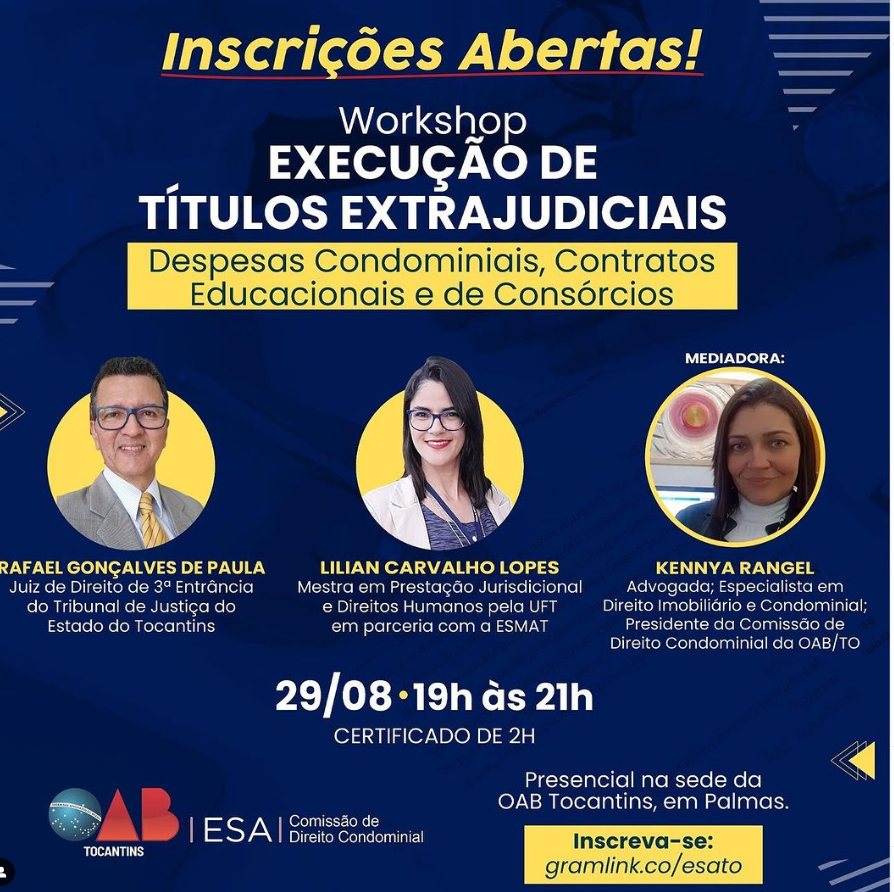 Arte azul e amarelo com a foto dos três palestrantes que vão participar do workshop sobre Execução de Títulos Extrajudiciais 