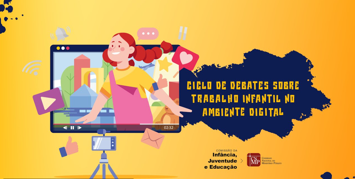 Arte colorida com o fundo em amarelo aparece um tripé com um celular e uma criança dentro de uma tela