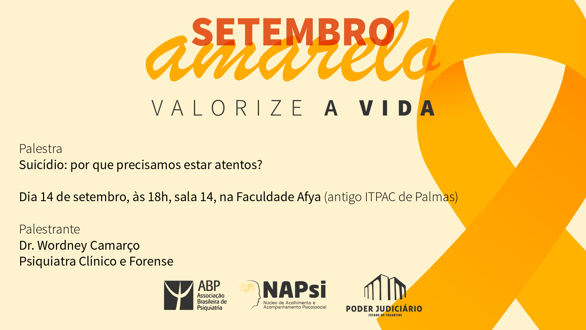 Card informativo na amarela com fotos dos palestrantes do evento Setembro Amarelo