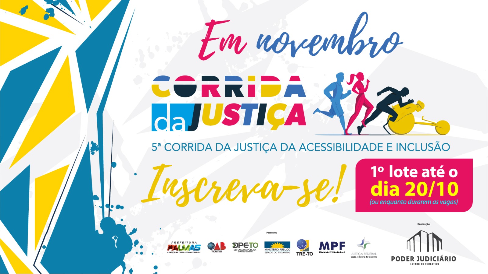 Card da Corrida da Justiça em fundo branco com letras em azul, amarelo e rosa com imagem de corredores homens e mulheres incluindo cadeirante