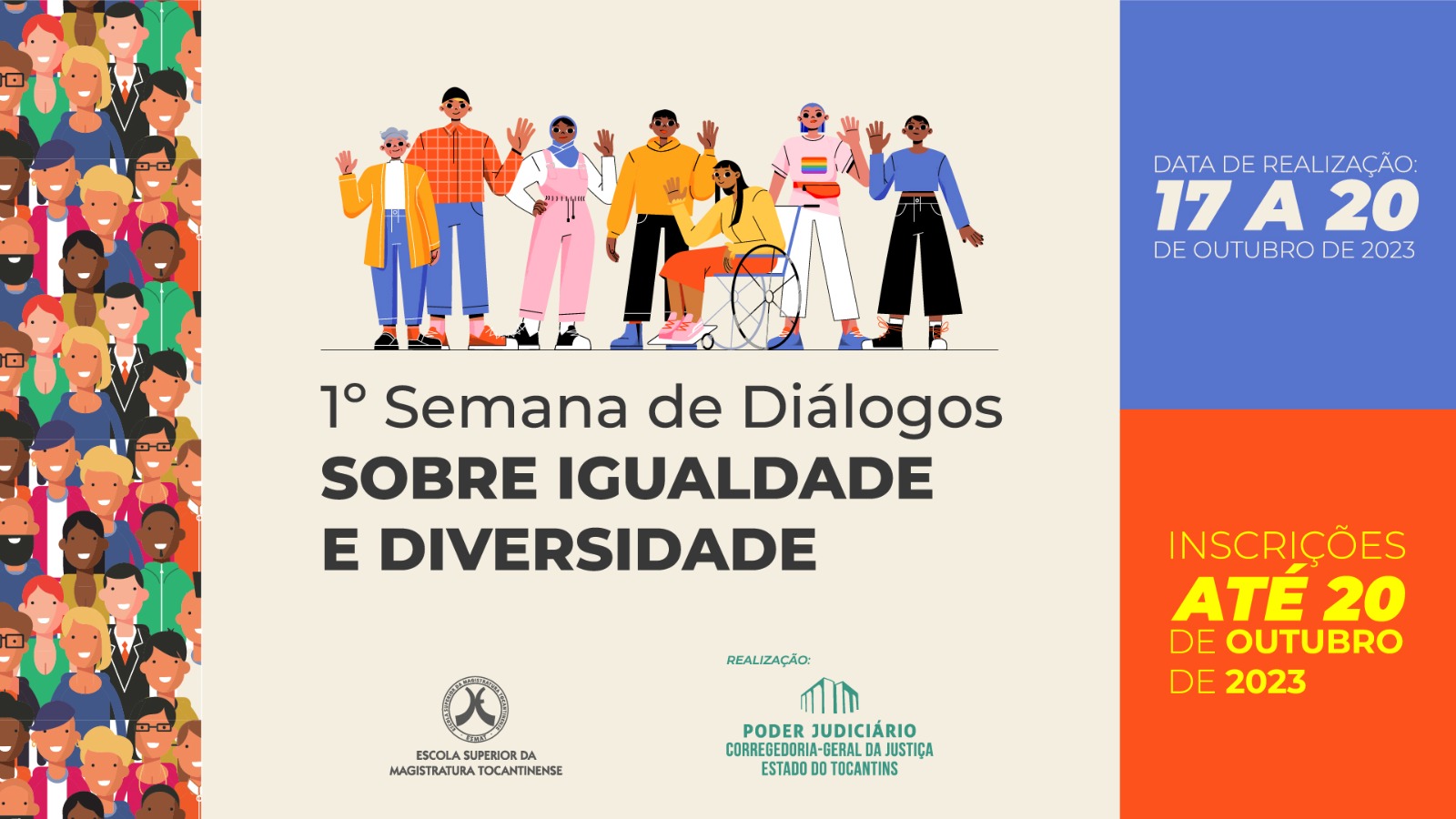 Arte mostra pessoa de diversas raças e condições de gênero e PCDcom a data do evento