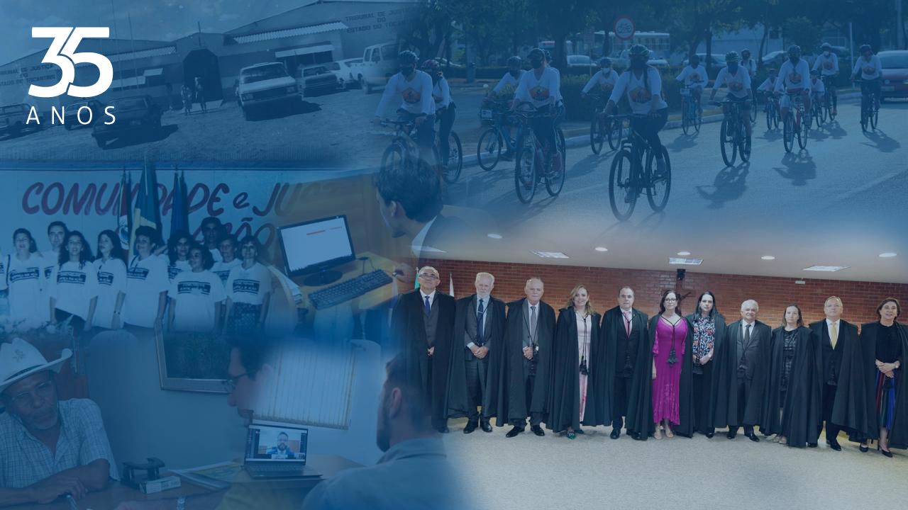 Imagem colorida (azul e branco) com fotos marcos de alguns eventos do tribunal de justiça do estado do Tocantins, e no canto superior esquerdo os dizeres "35 anos"
