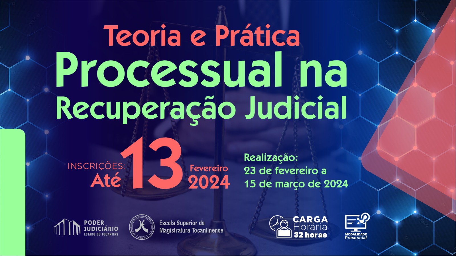Imagem colorida (azul, verde e vermelho claro) com os dizeres "Teoria e Prática Processual na Recuperação Judicial", "inscrições até 13 de fevereiro" 
