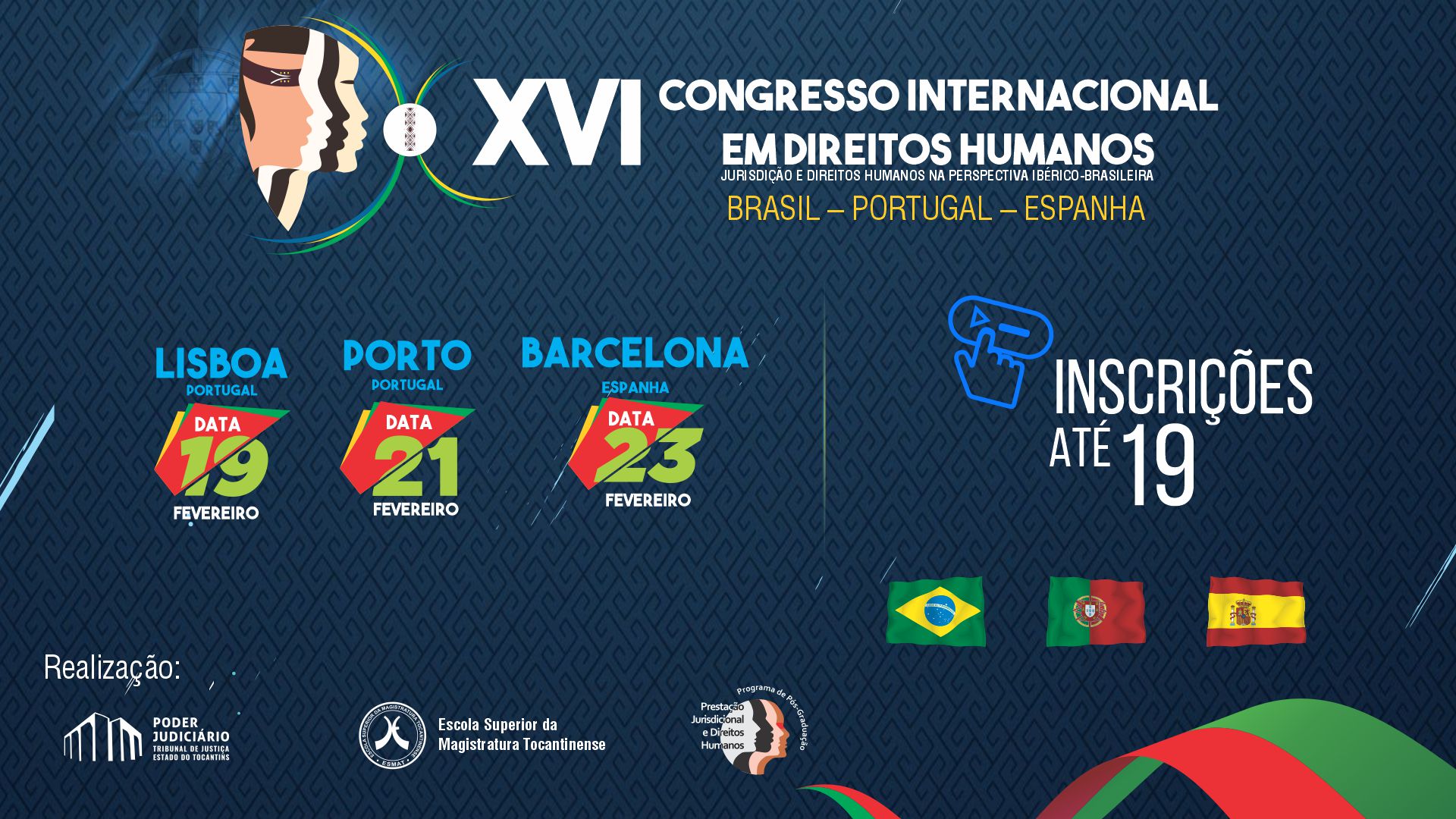 Banner azul escuro com detalhes branco, amarelo, verde e bandeiras dos países: Brasil, Portugal e Espanha