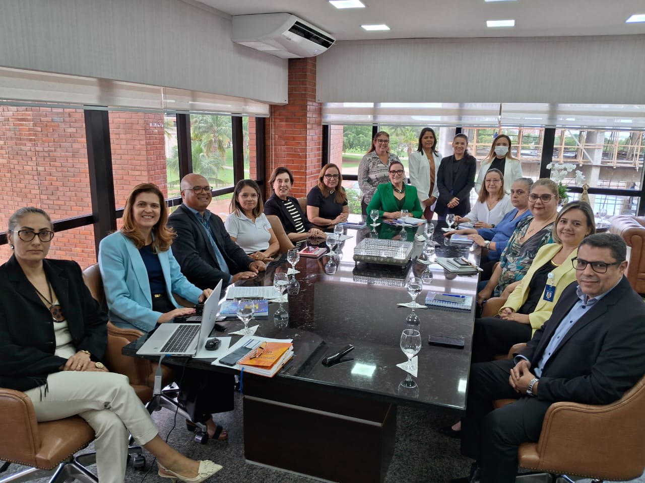pessoas de pé e sentada à uma mesa retangular posam para foto ao final de uma reunião