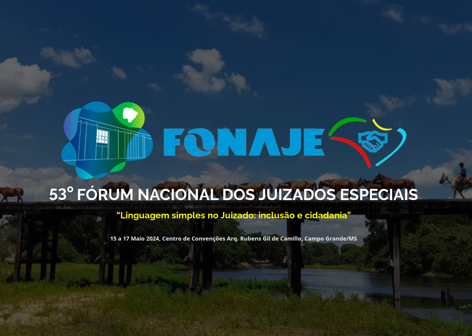 Imagem mostra uma paisagem com cavalos ao fundo e à frente a logomarca do Fonaje