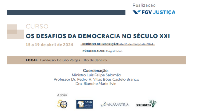 Imagem colorida (branco, azul claro, marrom claro e azul escuro) com os dizeres  “Os Desafios da Democracia no Século XXI, 15 e 19 de abril, inscrições até dia 15 de março"