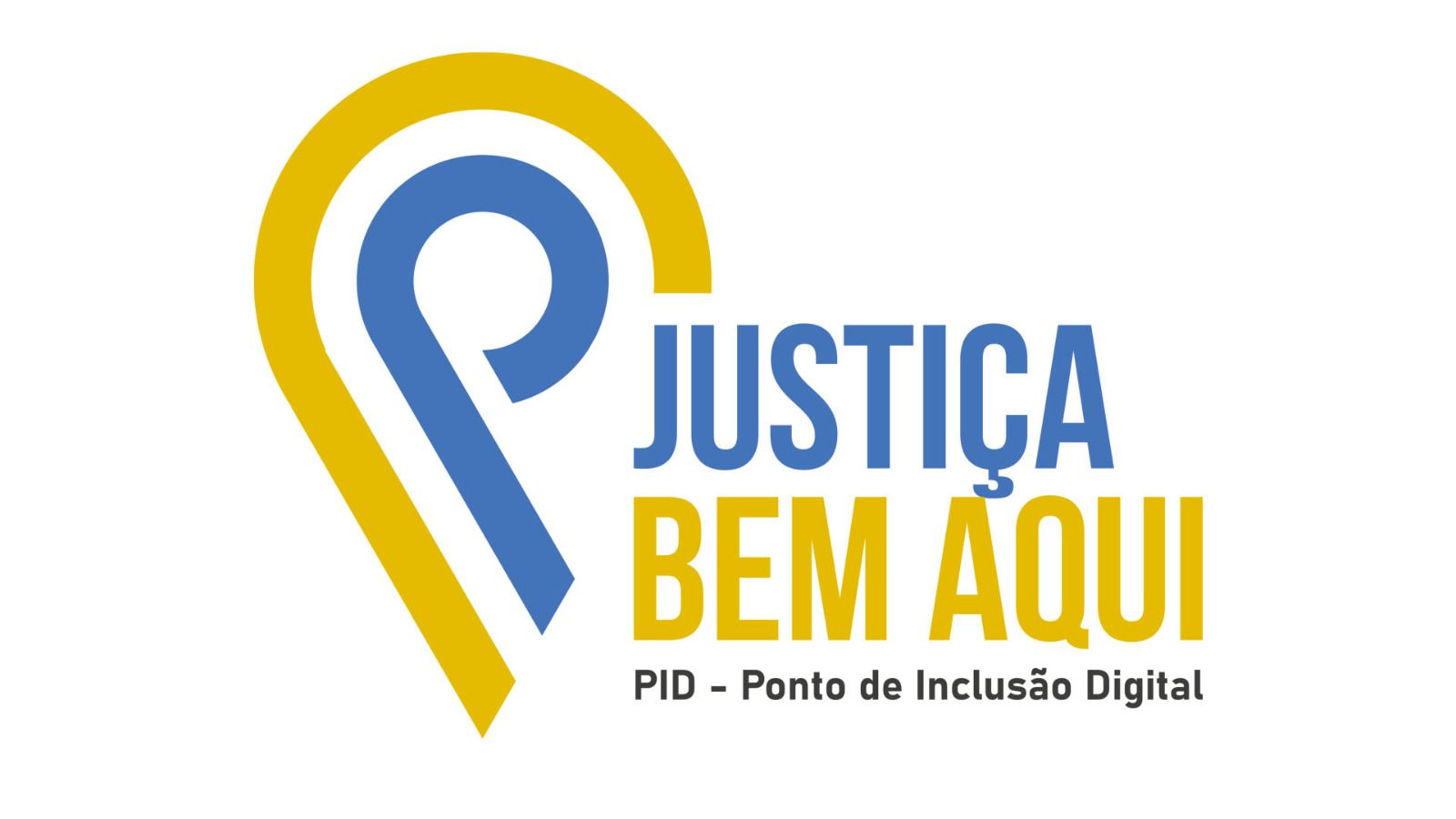 Imagem com fundo branco e logomarca em cores azul e amarela escrito: Justiça bem aqui. PID Ponto de Inclusão Digital