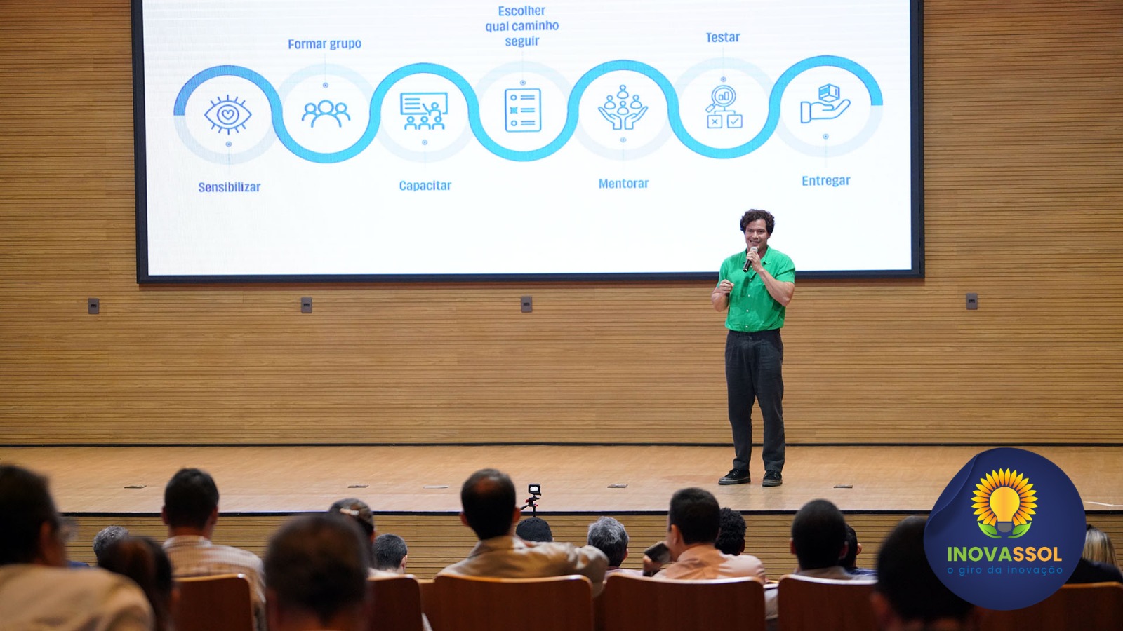 Homem vestido com calça escura e blusa verde está no palco, com microfone na mão e atrás um telão com uma arte em azul e branco