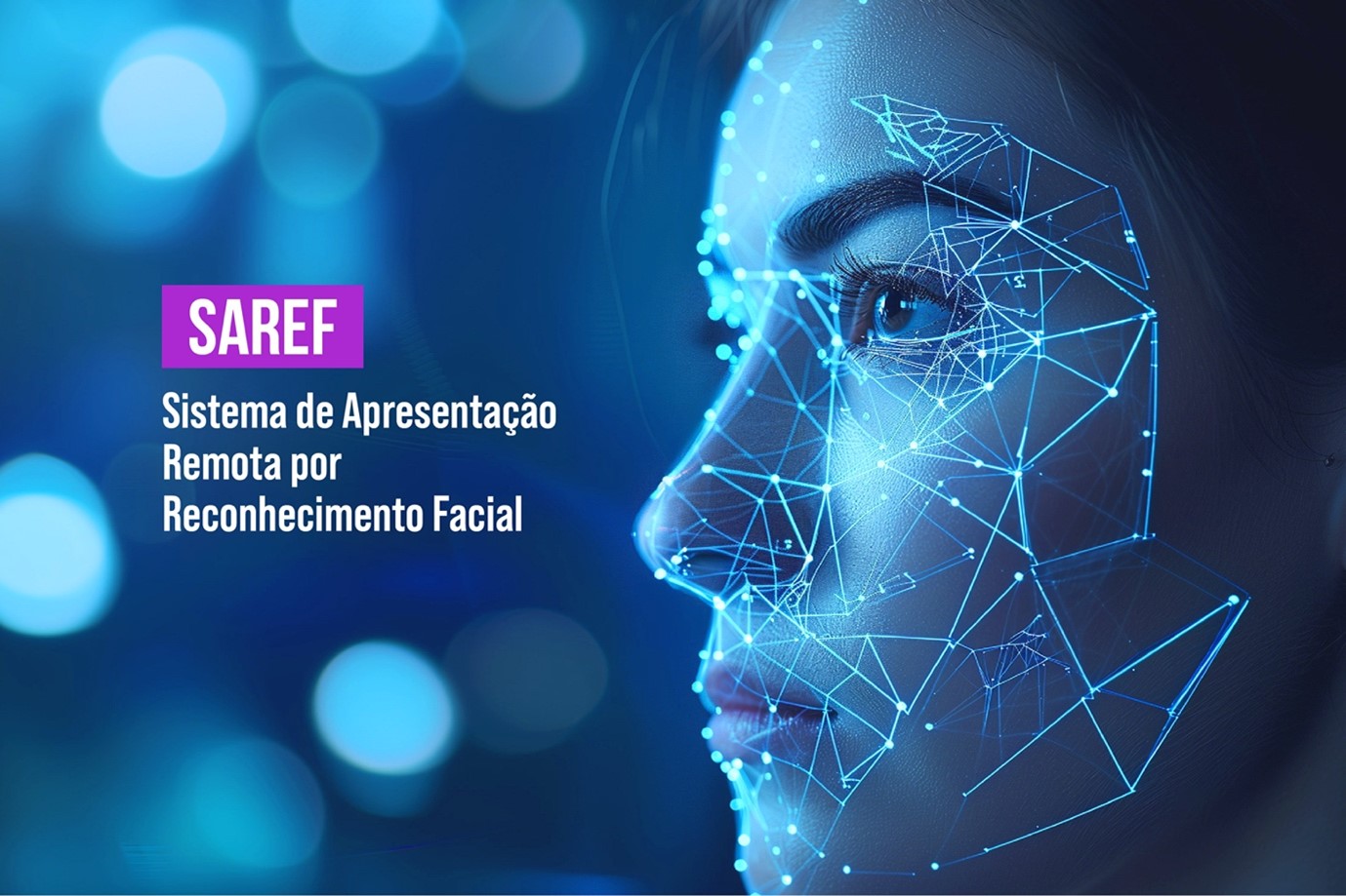 Imagem colorida (azul claro, azul escuro, rosa e branco) com um rosto coberto por diversos pontos que se conectam por linhas e os dizeres Sistema de Apresentação Remota por Reconhecimento Facial (Saref)