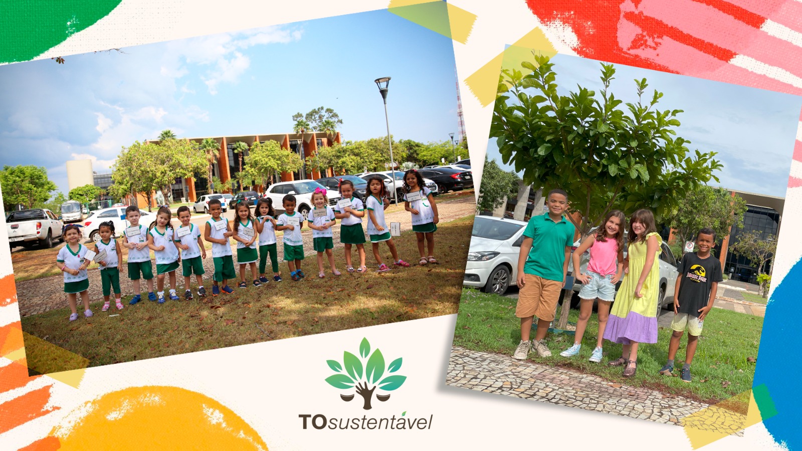 Montagem com fotos de crianças, meninos e meninas, em praça em frente a árvores plantadas por elas