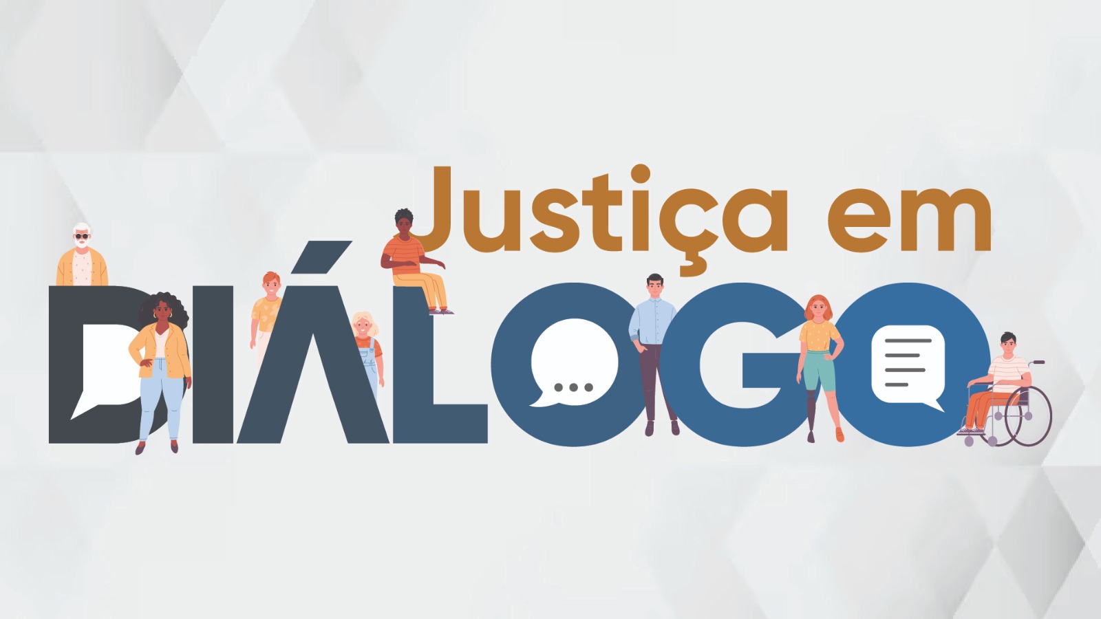 Arte com fundo branco com o nome Justiça em Diálogo em destaque com fontes nas cores amarelo escuro, cinza e azul, e elementos gráficos (figuras de pessoas diversas) distribuídos ao londo do nome Diálogo  