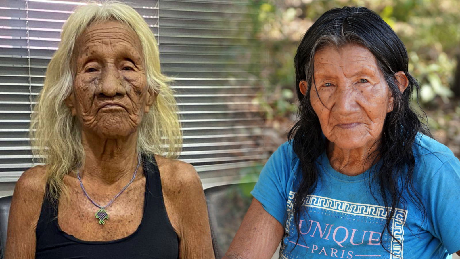 Joana Tepkaprek Krahô, à esquerda, anciã indígenas, cabelos louros, usa blusa preta e colar; e Madalena Krahô, também idosa, de cabelos escuros com algumas mechas brancas, à direita; ela usa camiseta azul com detalhes em branco