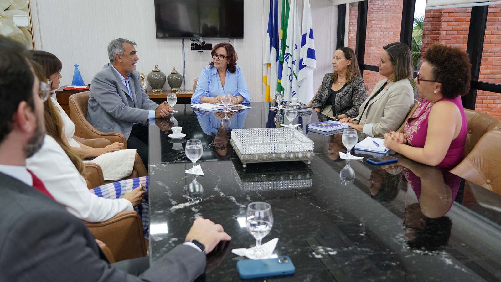 desembargadora Etelvina ao fundo e presidente do TJTO e diretores reunidos numa mesa