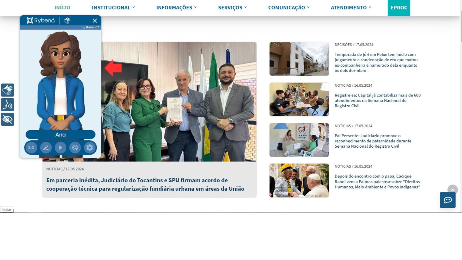 print da pagina inicial do portal do tjto mostra noticia e a nova personagem de acessibilidade. Ana é uma mulher negra, de cabelos ondulados, olhos negros, vaeste camisa branca e casaco azul