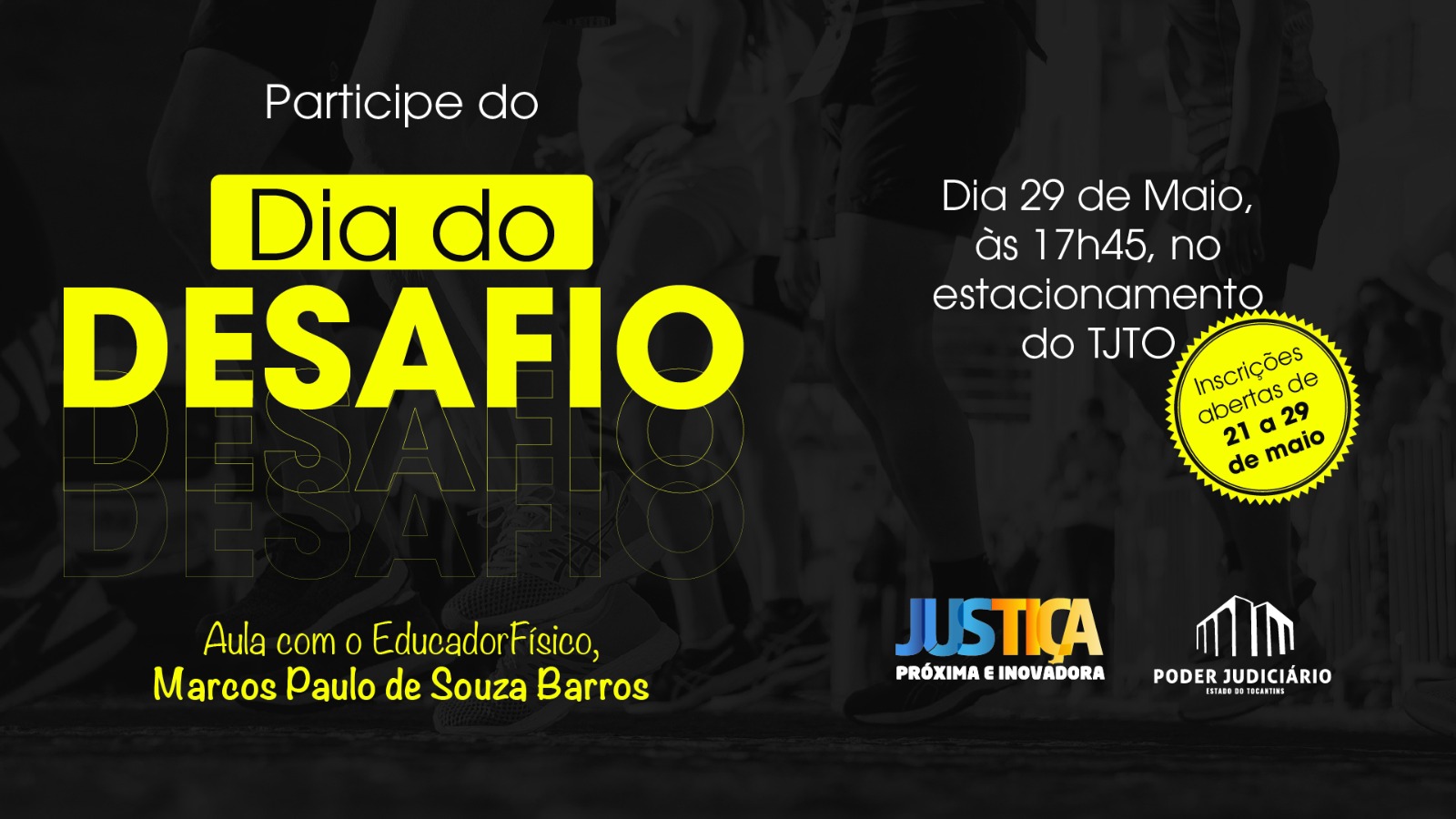 Card com fundo preto e com letras amarelas e com as logomarcas do Pode Judiciário e Justiça mais próxima