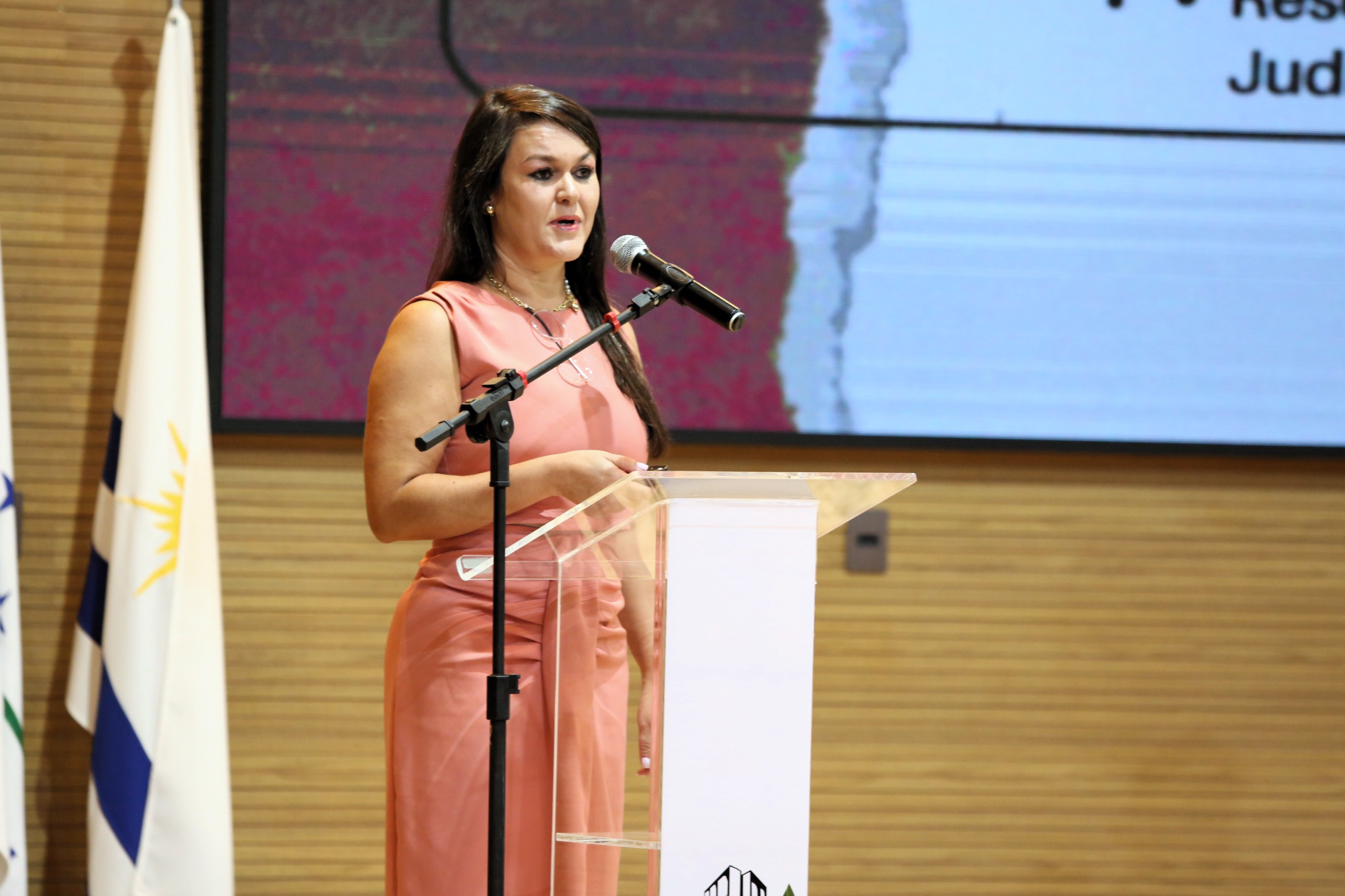 Coordenadora do TJDFT está em pé, ministrando palestra, falando ao microfone; ela é uma jovem de cabelos longos, lisos e castanhos; usa roupa rosa