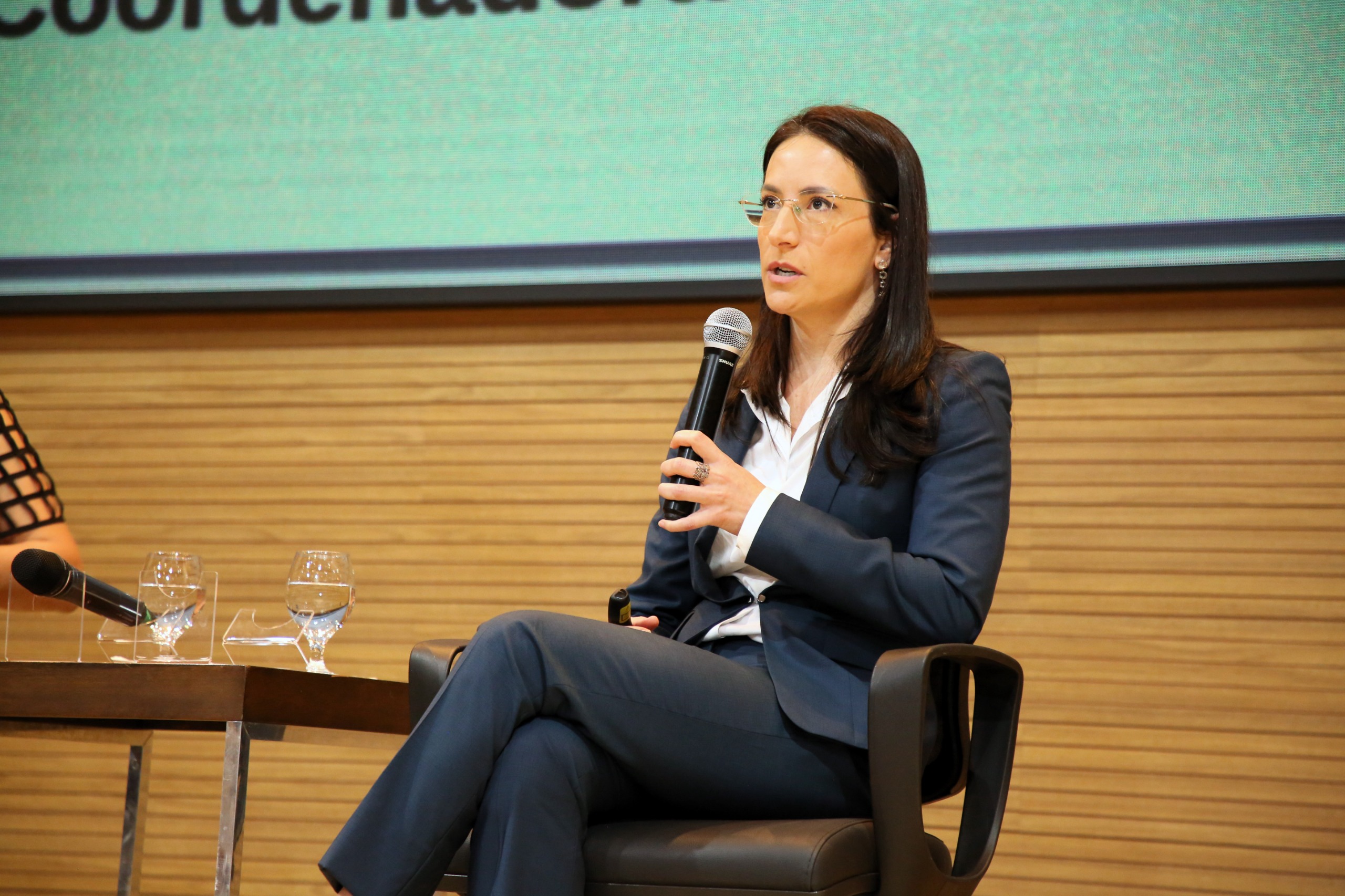 juíza auxiliar do CNJ, uma jovem mulher de cabelos escuros, longos e lissos; usa óculos, terninho cinza e blusa branca; está sentada, falando ao microfone