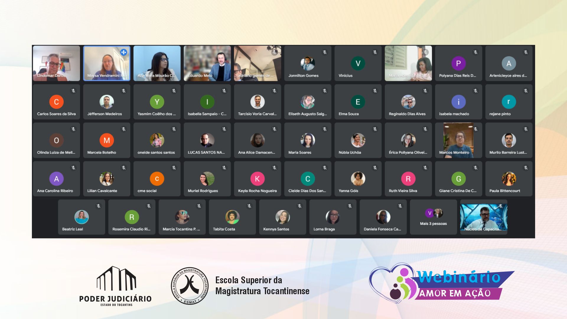 imahem em fundo claro com várias janelas abertas dos participantes do webinário Amor em Ação; abaixo as logos do Poder Judiciário do Tocantins, da Escola Superior da Magistratura Tocantinense e do Webinário Amor em Ação