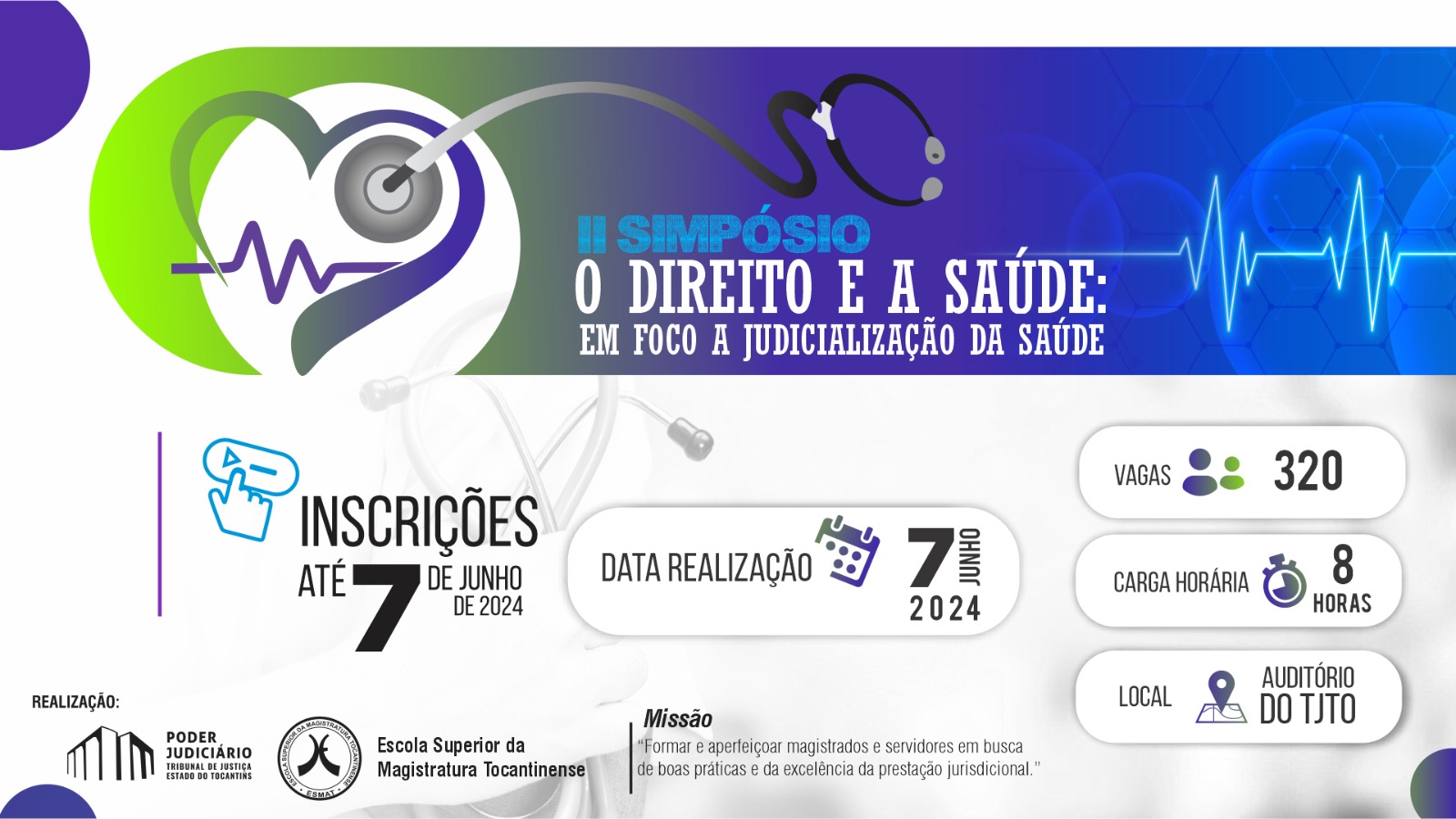 Arte com as cores cinza, azul, roxo e verde sobre evento de Direito e Saúde