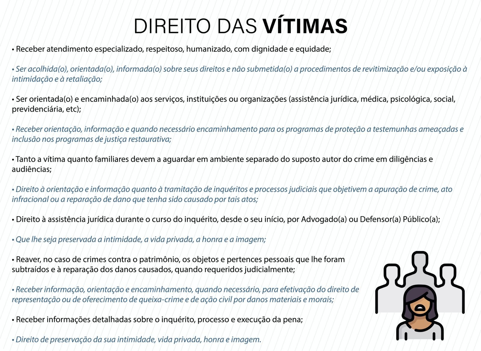 Imagem colorida que mostra um infográfico com informações sobre o Direito das Vítimas