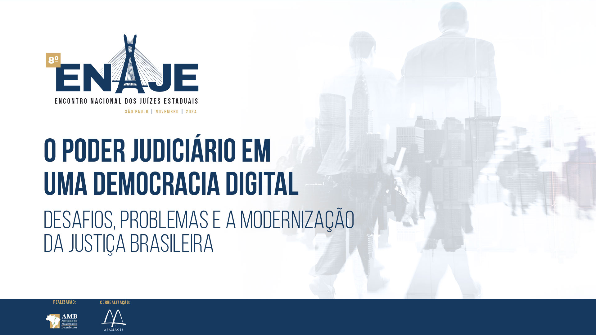 arte nas cores branca, azul e amarela traz a logo do enaje e divulgam a oitava edição do encontro nacional de juizes estaduais