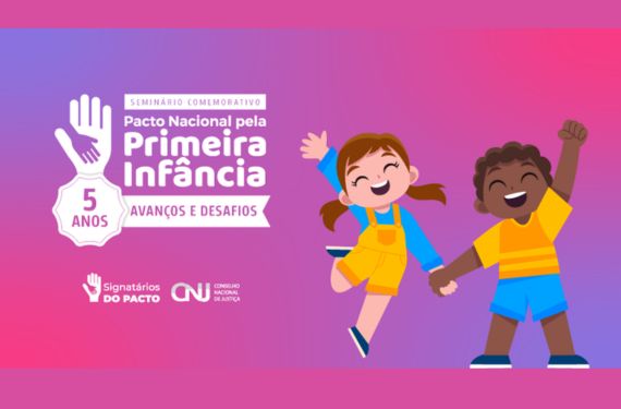 Imagem rosa com duas crianças desenhadas com roupas azul e amarela e a logomarca do seminário