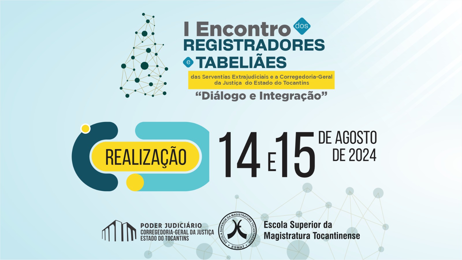 Card nas cores azul e amarelo que mostra o nome de I Encontro Registradores e Tabeliães