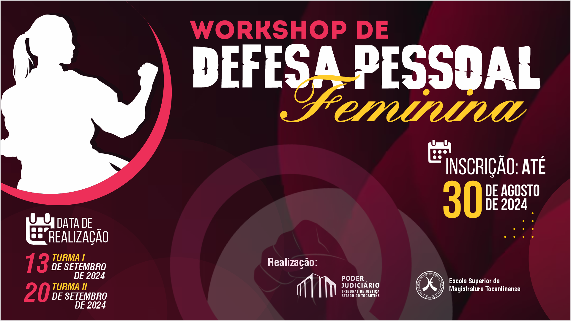 Imagem em tons arroxeados com informações sobre curso de defesa pessoal para mulheres