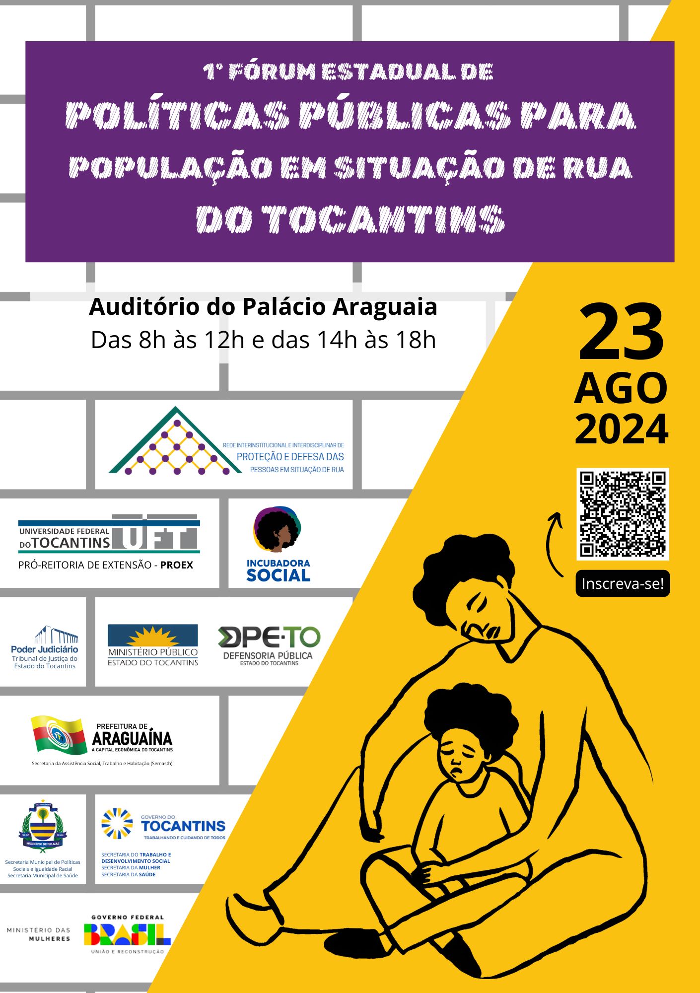 Panfleto sobre ação assistencial em cores branca, roxa e amarela, com desenho de criança abraçada por um adulto em rabisco preto no canto inferior direito