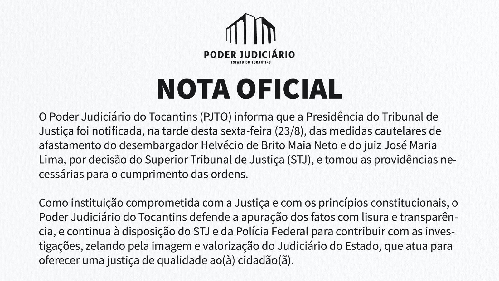 Imagem em fundo branco com o título Nota Oficial e o texto da nota; na parte superior a logo do Poder Judiciário