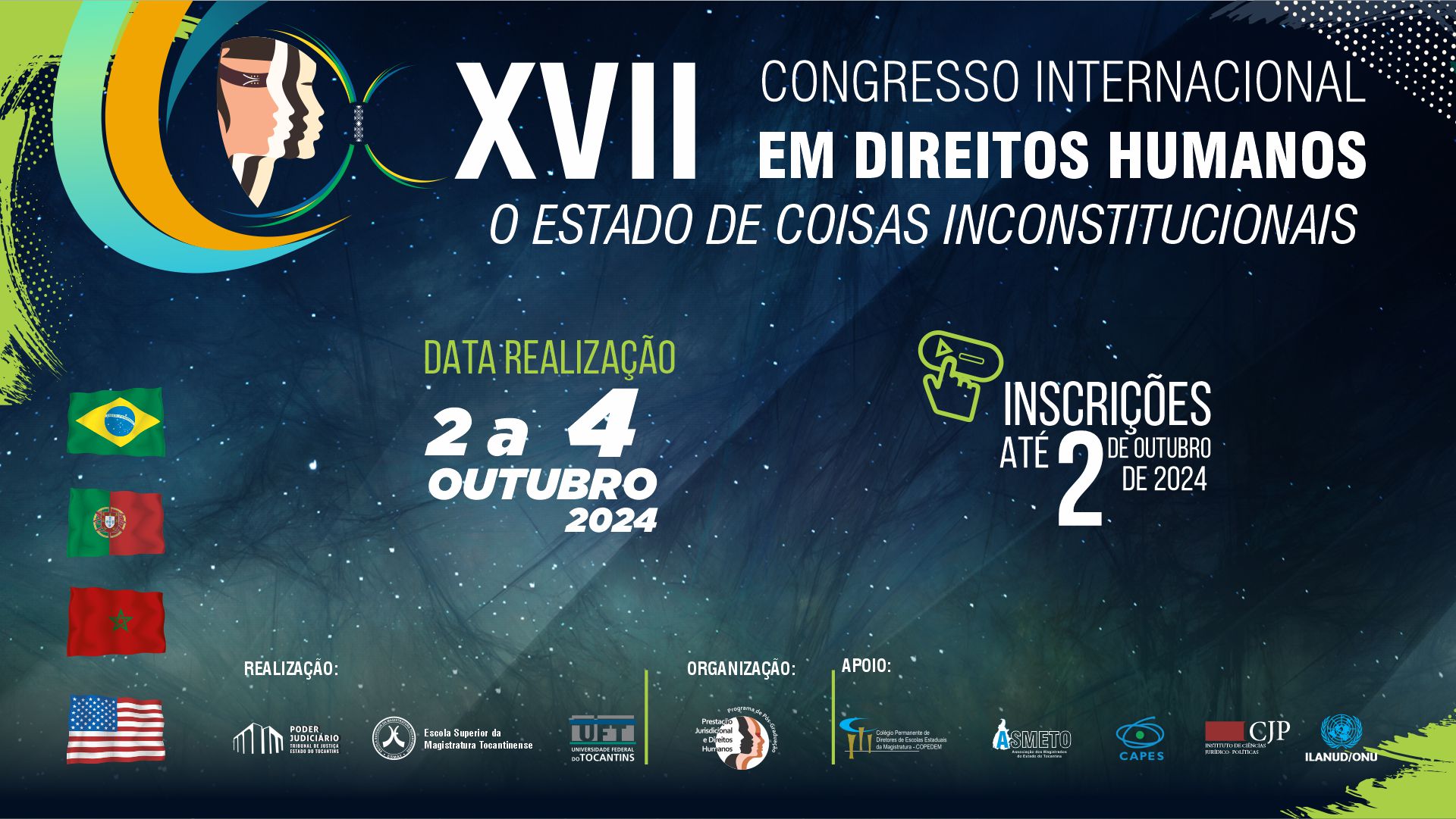 Imagem com fundo azul marinho com informações sobre congresso internacional de direitos humanos