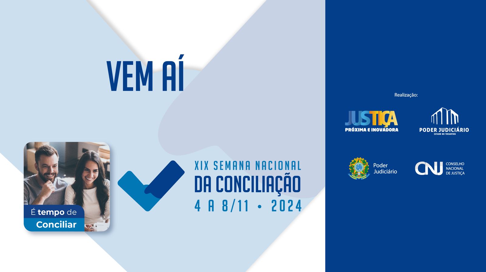 Imagem ilustrativa em fundo azul claro e tarja lateral direita azul escuro, com informações sobre evento de mutirão de audiências de conciliação