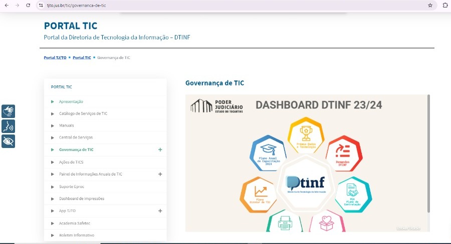 Print de tela de computador de site do TJTO exibindo painel de monitoramento de demandas do setor de Informática