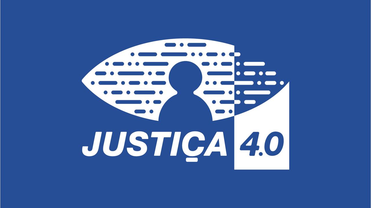 Imagem em fundo azul e dizeres em branco sobre programa Justiça 4.0