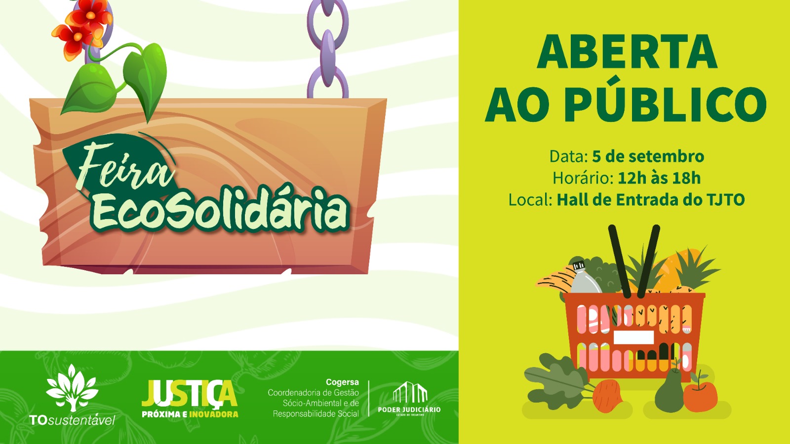 Imagem área mostra produtos expostos em mesa no hall de entrada do TJTO