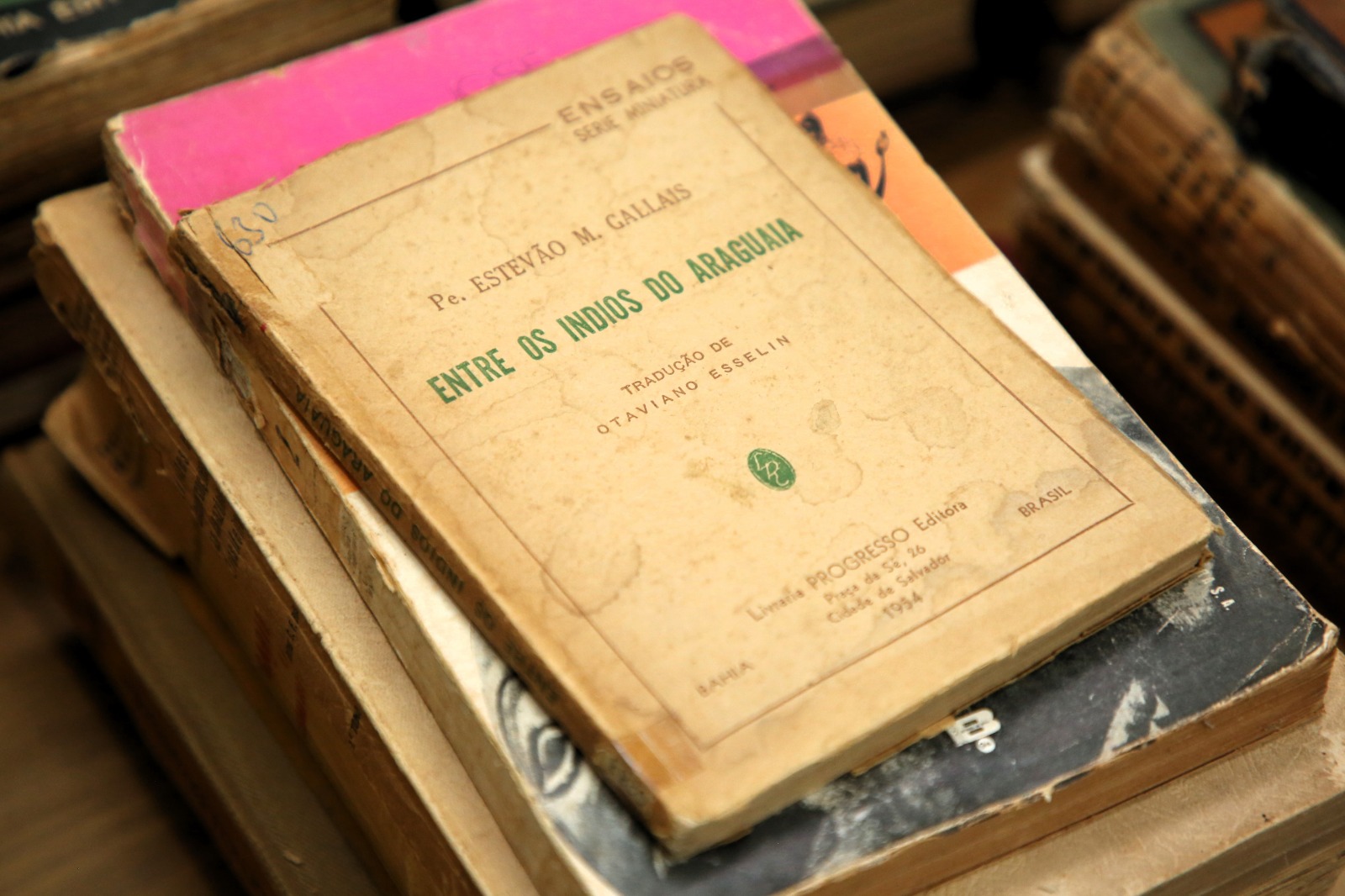 Fotografia colorido onde há uma pilha de livros desgastados cujo o primeiro está escrito "Entre os índios do Araguaia"