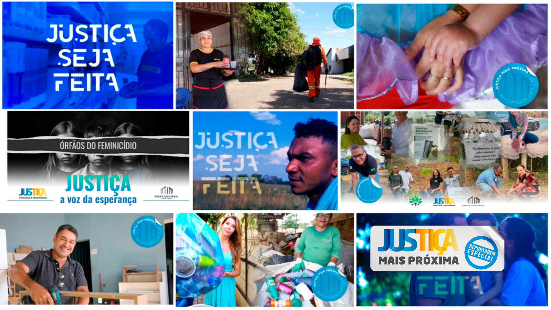 colagem com várias fotos  de matérias especiais e capas da websérie Justiça deja feita