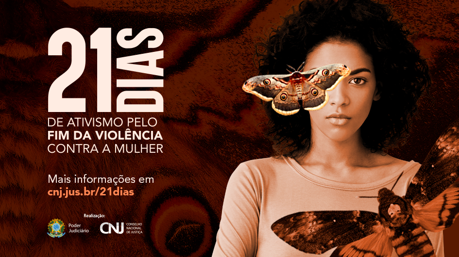 Imagem colorida que mostra uma mulher negra com o rosto e parte do corpo encoberta por borboletas e do lado direito do card tem a informação dos 21 dias de ativismo pelo fim da violência contra a mulher