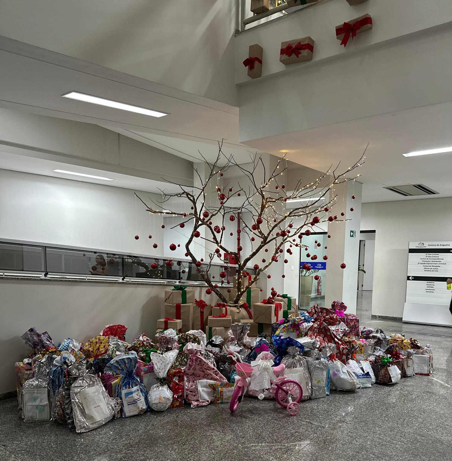 Fotografia colorida que mostra uma árvore de Natal rodeada de presentes