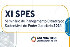 Imagem colorida (branca, amarela, azul e cinza) com os dizeres "XI SPES Seminário de Planejamento Estratégico Sustentável do Poder Judiciário 2024"