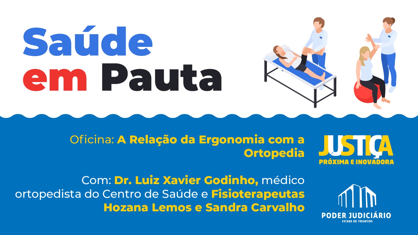 Imagem ilustrativa e colorida com as cores azul, vermelho, preto, branco e amarelo falando sobre a oficina "A relação da ergonomia com a ortopedia".